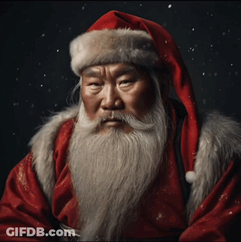 A Man With A Santa Hat And Beard Is Looking At The Camera GIF