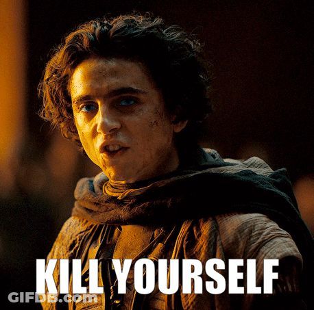 A Man With A Scarf Around His Neck And The Words " Kill Yourself " On The Bottom GIF