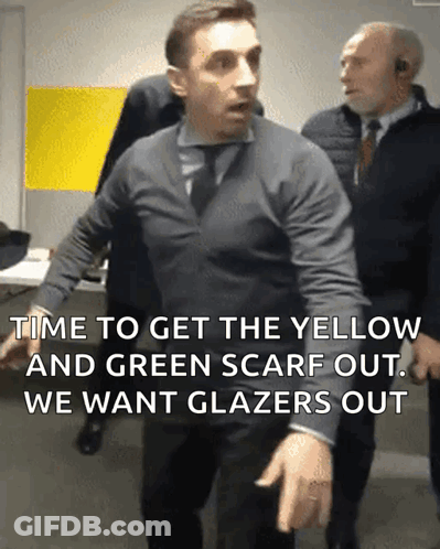A Man With A Scarf Around His Neck Says " Time To Get The Yellow And Green Scarf Out .. We Want Glazers Out " GIF