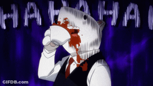 A Man With A Shark Head Is Drinking From A Cup With Blood Coming Out Of His Nose GIF
