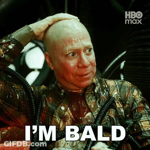 A Man With A Shaved Head Has The Words I 'M Bald On His Face GIF