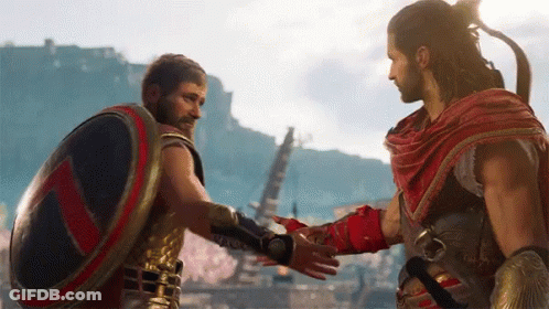 A Man With A Shield Shakes Hands With Another Man In A Red Robe GIF