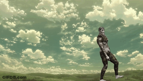 A Man With A Skull On His Face Is Standing In A Field With A Cloudy Sky In The Background GIF