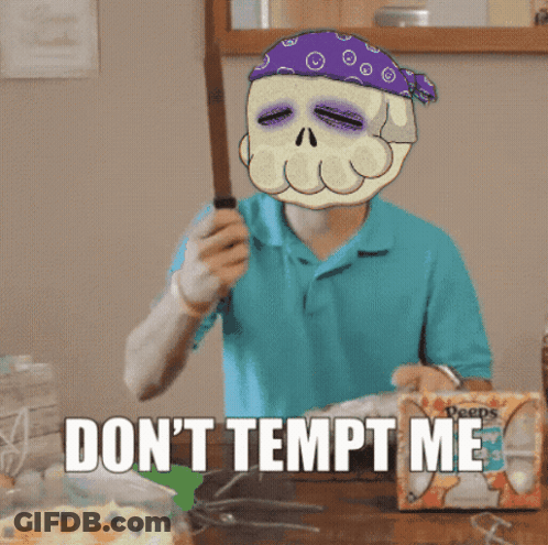 A Man With A Skull On His Head Is Holding A Knife And Says " Don T Tempt Me " GIF