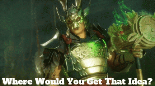 A Man With A Skull On His Head Is Holding A Spear With The Words " Where Would You Get That Idea " Below Him GIF