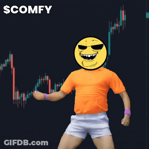 A Man With A Smiley Face On His Head Is Dancing In Front Of A Stock Chart That Says $Comfy GIF