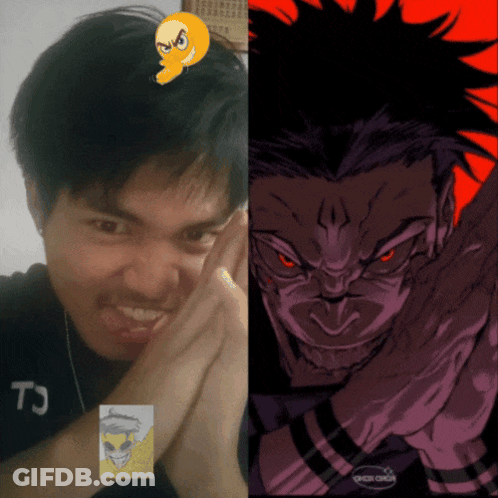 A Man With A Smiley Face On His Head Next To A Picture Of A Cartoon Character GIF