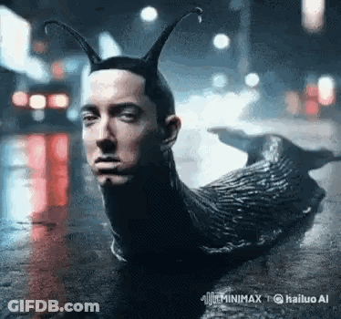 A Man With A Snail 'S Head And Horns Is Laying On The Ground . GIF