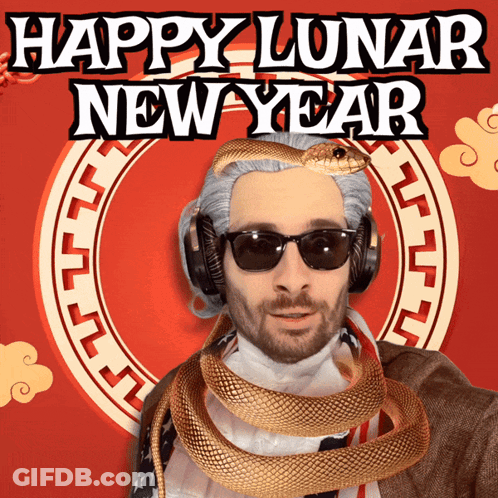 A Man With A Snake Around His Neck And The Words Happy Lunar New Year Above Him GIF