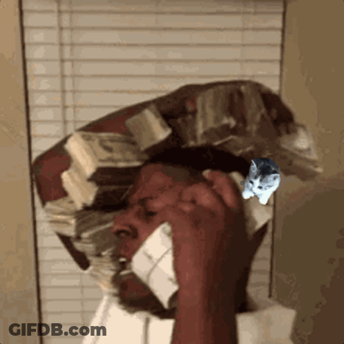 A Man With A Stack Of Money On His Head Is Talking On A Phone GIF
