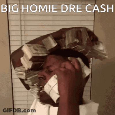 A Man With A Stack Of Money On His Head Is Talking On A Phone . GIF