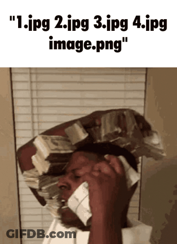 A Man With A Stack Of Money On His Head Talking On A Phone GIF