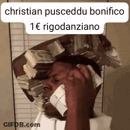 A Man With A Stack Of Money On His Head Talking On A Phone GIF