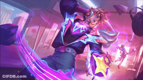 A Man With A Star In His Hand Is Surrounded By Purple Lights GIF