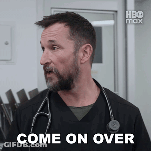 A Man With A Stethoscope Around His Neck Has The Word Come On Over Above Him GIF