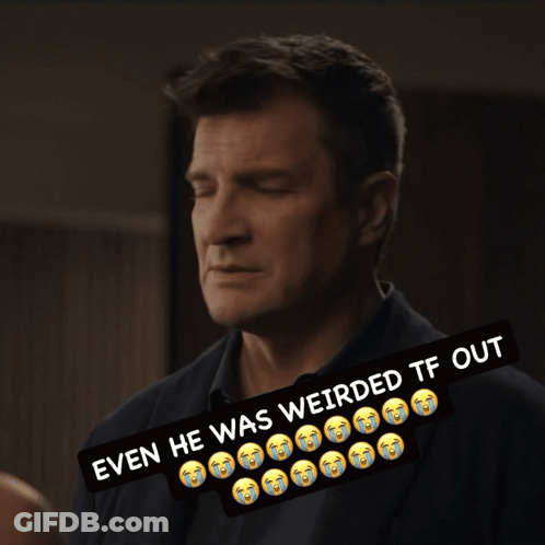 A Man With A Sticker That Says " Even He Was Weirded Tf Out " On It GIF