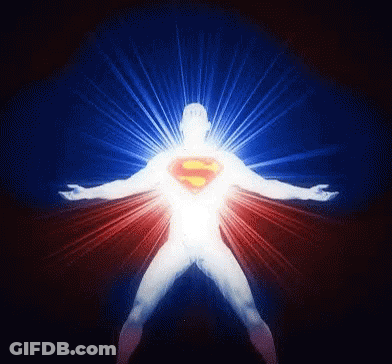 A Man With A Superman Logo On His Chest Is Surrounded By Red And Blue Lights GIF