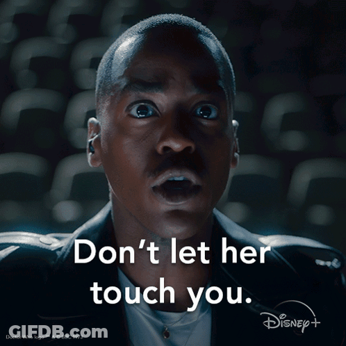A Man With A Surprised Look On His Face And The Words " Don 'T Let Her Touch You " GIF