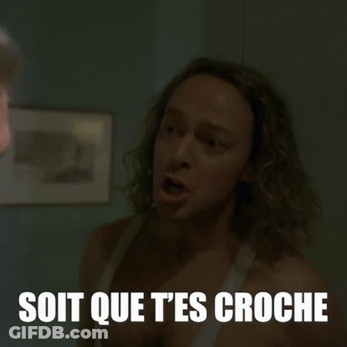 A Man With A Surprised Look On His Face And The Words Ou Bedon Que T'as Un Crush Pour Lui Below Him GIF