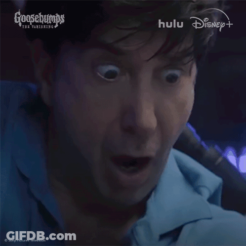 A Man With A Surprised Look On His Face Is Advertising Goosebumps GIF