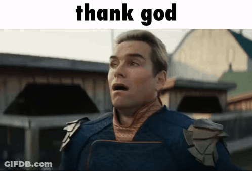 A Man With A Surprised Look On His Face Is Next To A Thank God Sign GIF