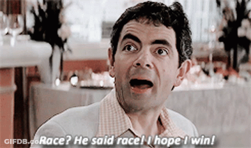 A Man With A Surprised Look On His Face Is Saying Race He Said Race I Hope I Win GIF