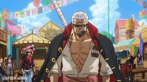 A Man With A Sword In His Mouth Is Standing In Front Of A Sign That Says ' Seafood ' GIF