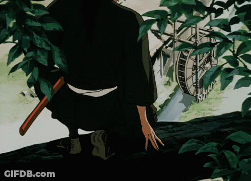 A Man With A Sword Is Kneeling Down In Front Of A Water Mill GIF