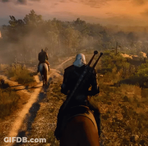 A Man With A Sword Is Riding A Horse Down A Dirt Path GIF
