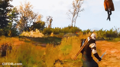 A Man With A Sword Is Standing In A Field With A Horse Flying In The Air GIF