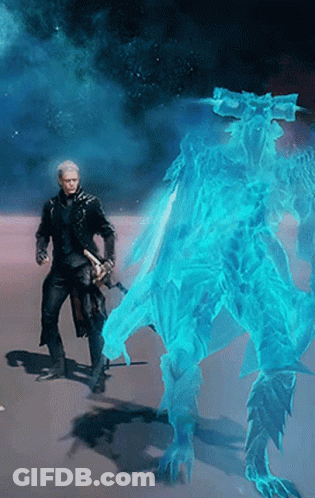 A Man With A Sword Is Standing In Front Of A Blue Dragon GIF
