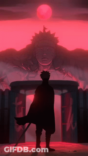 A Man With A Sword Is Standing In Front Of A Statue With A Red Moon In The Background GIF