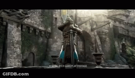 A Man With A Sword Is Standing In Front Of A Stone Wall . GIF