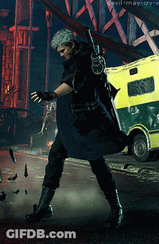 A Man With A Sword Is Standing In Front Of A Yellow Bus With Devil-May-Cry Written On The Bottom GIF