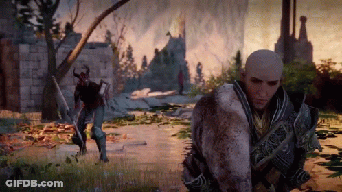 A Man With A Sword Is Standing Next To Another Man In A Field GIF
