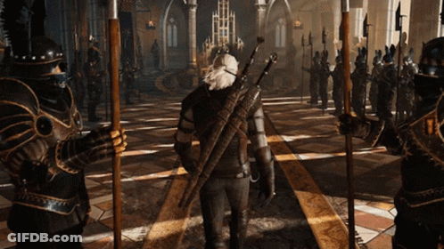 A Man With A Sword On His Back Stands In Front Of A Group Of Knights GIF