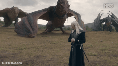 A Man With A Sword Standing In Front Of A Dragon With Hbo Written On The Bottom Right GIF