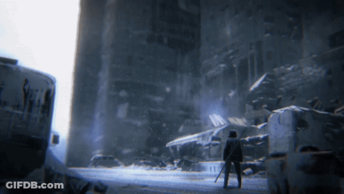 A Man With A Sword Stands In Front Of A Building That Says ' A ' On The Side GIF