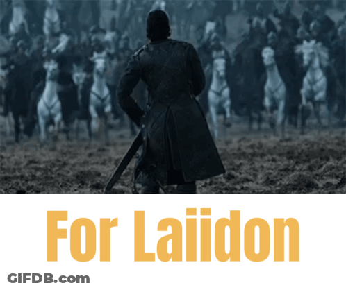 A Man With A Sword Stands In Front Of A Crowd Of Horses With The Words " For Laiidon " Below Him GIF