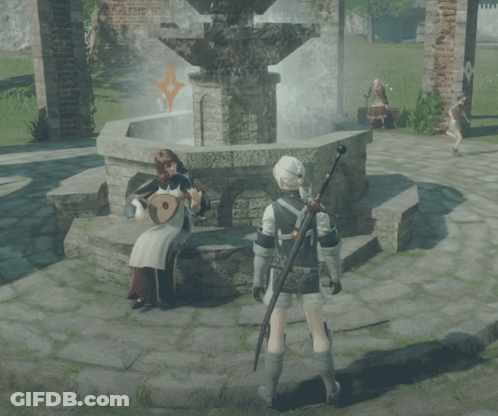 A Man With A Sword Stands In Front Of A Fountain GIF
