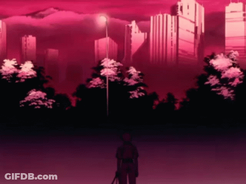 A Man With A Sword Stands In Front Of A Pink Skyline GIF