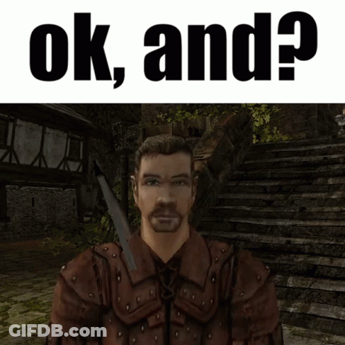 A Man With A Sword Stands In Front Of A Sign That Says Ok And ? GIF