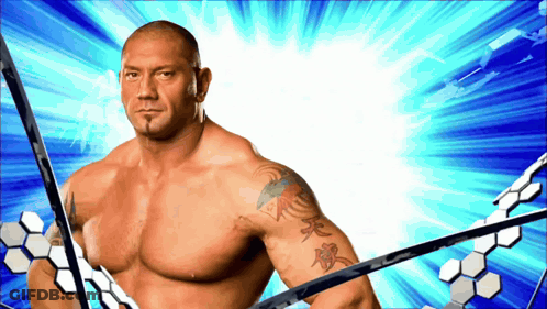 A Man With A Tattoo On His Arm Is Standing In Front Of A Blue Background GIF