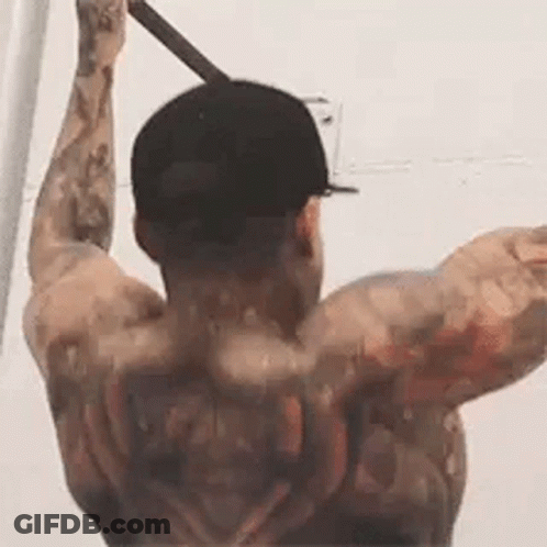A Man With A Tattoo On His Back Is Doing Pull Ups On A Bar . GIF
