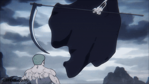 A Man With A Tattoo On His Back Stands In Front Of A Scythe GIF