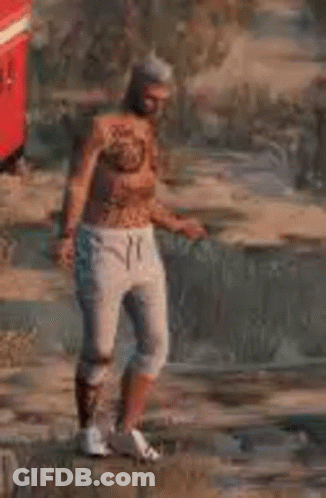 A Man With A Tattoo On His Chest Is Dancing In A Video Game In A Field . GIF