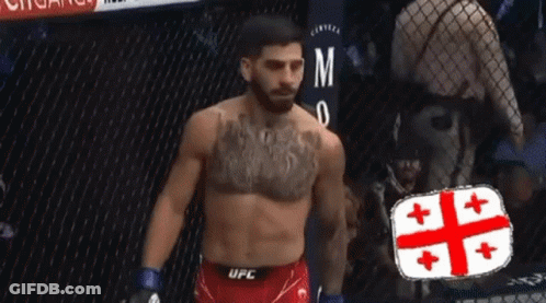 A Man With A Tattoo On His Chest Is Standing In A Cage Wearing A Pair Of Ufc Shorts . GIF