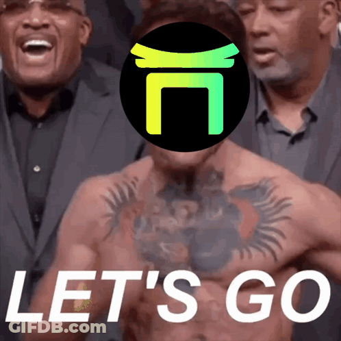 A Man With A Tattoo On His Chest Stands In Front Of A Sign That Says " Let 'S Go " GIF