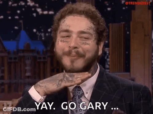 A Man With A Tattoo On His Face Says Yay Go Gary GIF