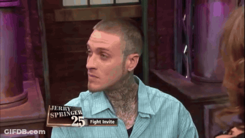 A Man With A Tattoo On His Neck Is On Jerry Springer 'S Fight Invite GIF